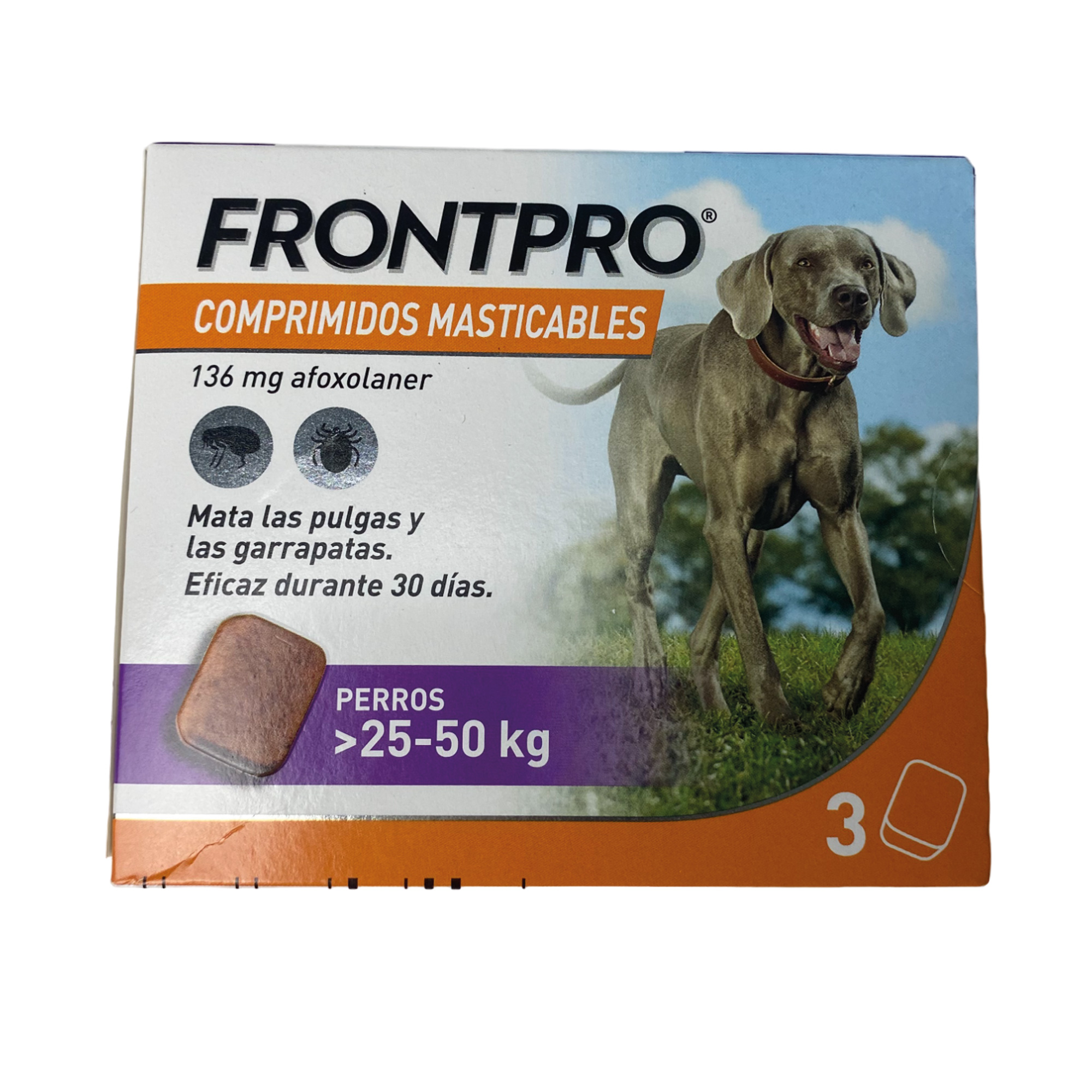 FRONTPRO 136 mg comprimés masticables pour chiens de 25 à 50 kg | 3 comprimés | Antiparasitaire contre puces et tiques