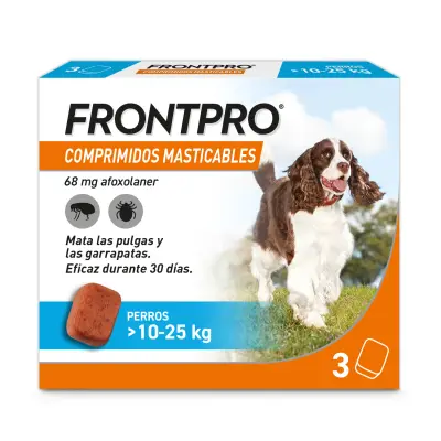 FRONTPRO 68 mg comprimés masticables pour chiens de 10 à 25 kg | 3 comprimés | Antiparasitaire contre puces et tiques