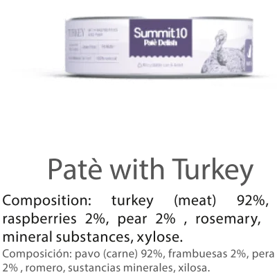 SUMMIT 10 Paté Delish avec Pavo pour Chats 85 g | Aliment humide grain free pour chats avec dinde, framboises et poire