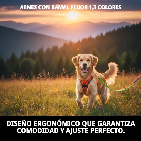 Chien portant le harnais fluor lors d'une promenade au crépuscule