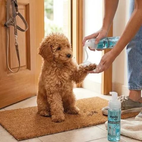 Animal avec pelage propre et doux après usage du shampoing sec Moly
