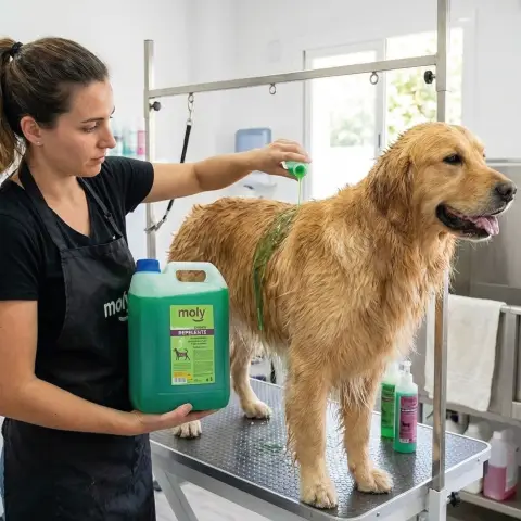 Application du shampoing Menthe Fresh sur le pelage d'un chien
