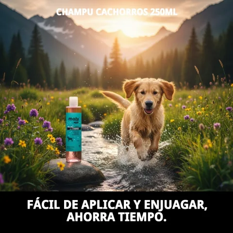 Application douce du shampoing Moly sur un chiot