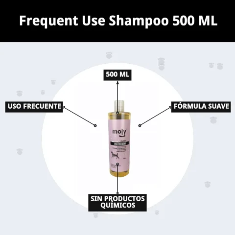 Flacon et étiquette du shampoing Usage Fréquent Moly pour chiens