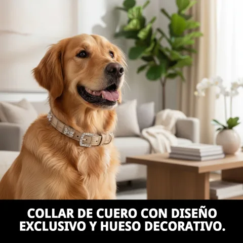 Vue latérale du collier cuir avec os pour chiens