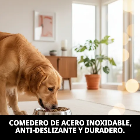 Gamelle acier inoxydable en usage avec nourriture sèche pour animaux