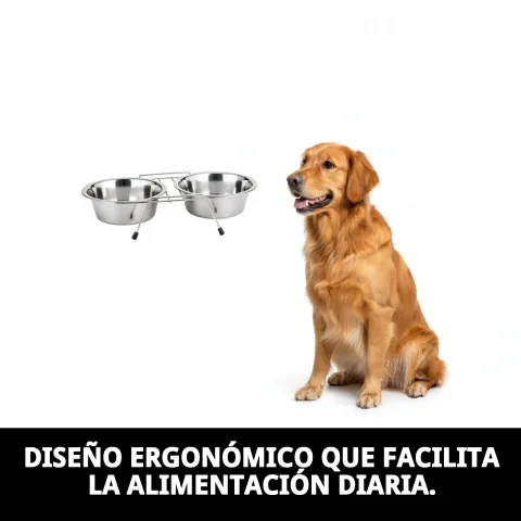 Chien mangeant dans la gamelle double avec support Compa Pattes