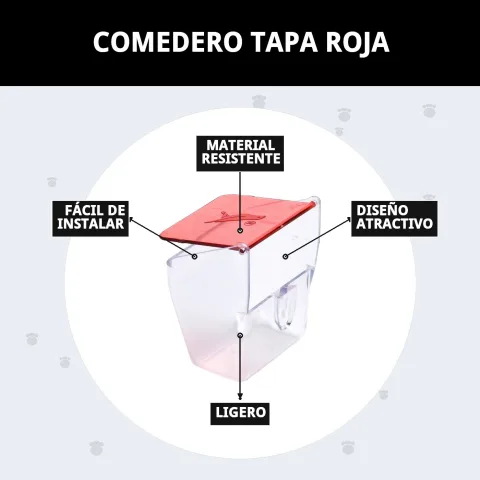 Gamelle couvercle rouge à côté d'autres accessoires pour cages