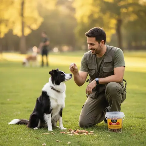 Chien dégustant les Délices Os et Coeurs comme récompense