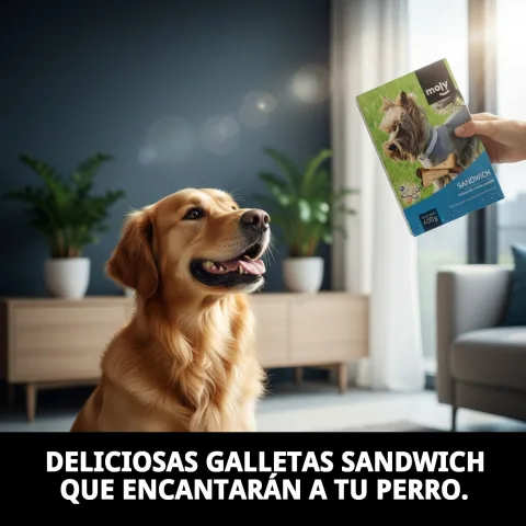 Chien dégustant snack biscuit sandwich fourré Moly