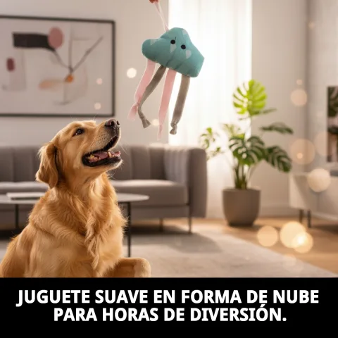 Petit chien mordant le jouet Nuage en forme de nuage