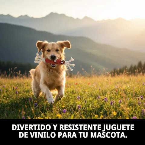 Chien jouant avec jouet vinyle forme saucisse 19 cm