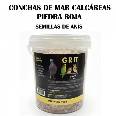 Gros plan sur le mélange de coquilles marines, pierre rouge et graines d'anis MOLY Grit