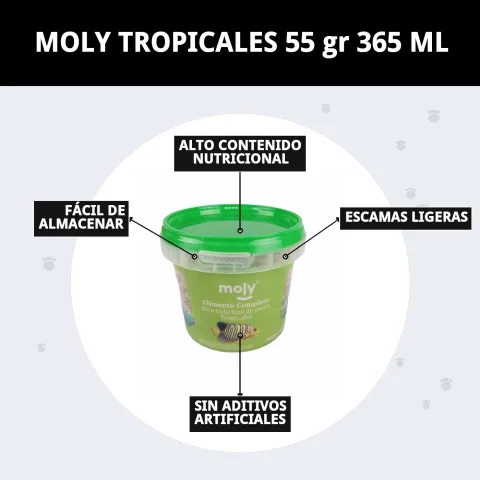 MOLY TROPICALES 55 gr 365 ml présenté sur Compa Pattes