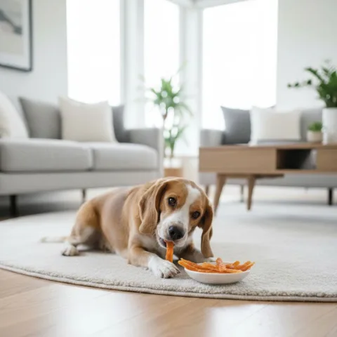 Chien dégustant le snack naturel de poitrine de poulet fermier Moly