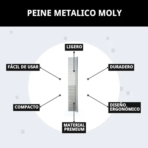 Peigne métallique Moly à côté d'autres accessoires de toilettage pour animaux