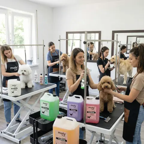 Application du parfum Moly Brise Marine sur pelage de chien