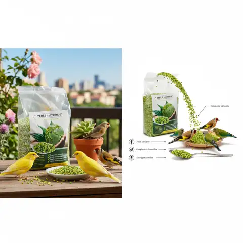 Aliment PERLE VERDE MORBIDE pour oiseaux montrant la texture et la taille