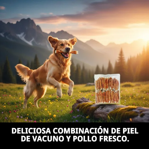 Sac ouvert avec peau de boeuf et filet de poulet pour chiens