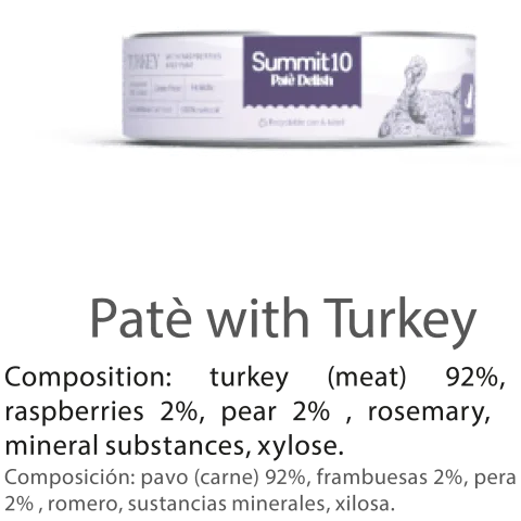 SUMMIT 10 Paté Delish avec Pavo pour Chats 85 g | Aliment humide grain free pour chats avec dinde, framboises et poire